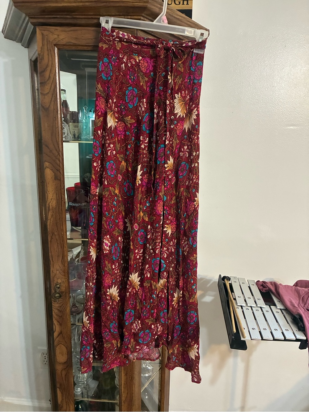 living doll Burgundy Floral Tie-Front Maxi Skirt with Teal Accents